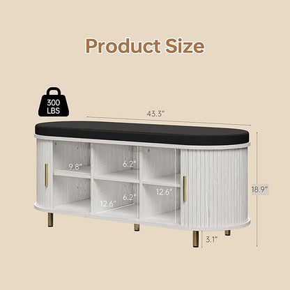 DHH 2-Tier Storage Bench, 43.3" Wide Shoe Bench with Thickened Padded Seat Cushion, Mid Century Modern Fluted Sliding Door and Adjustable Shelf, for Entryway, Living Room, Bedroom(White)
