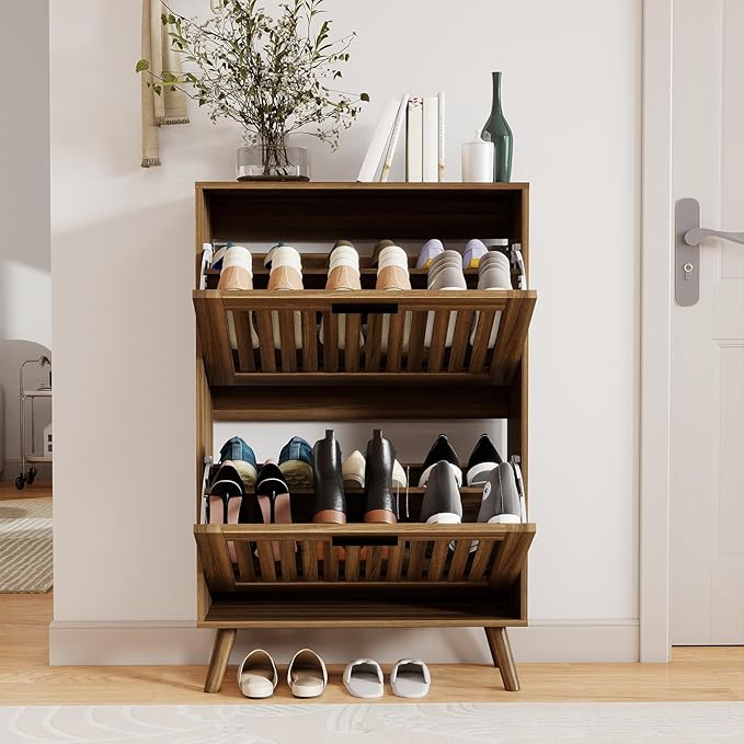 Vibe & Dine Shoe Cabinet with 2 Flip Drawers, Walnut Shoe Storage Cabinet for Entryway Slim, Free Standing Shoe Rack Organizer with Hollowed Doors for Hallway, Bedroom