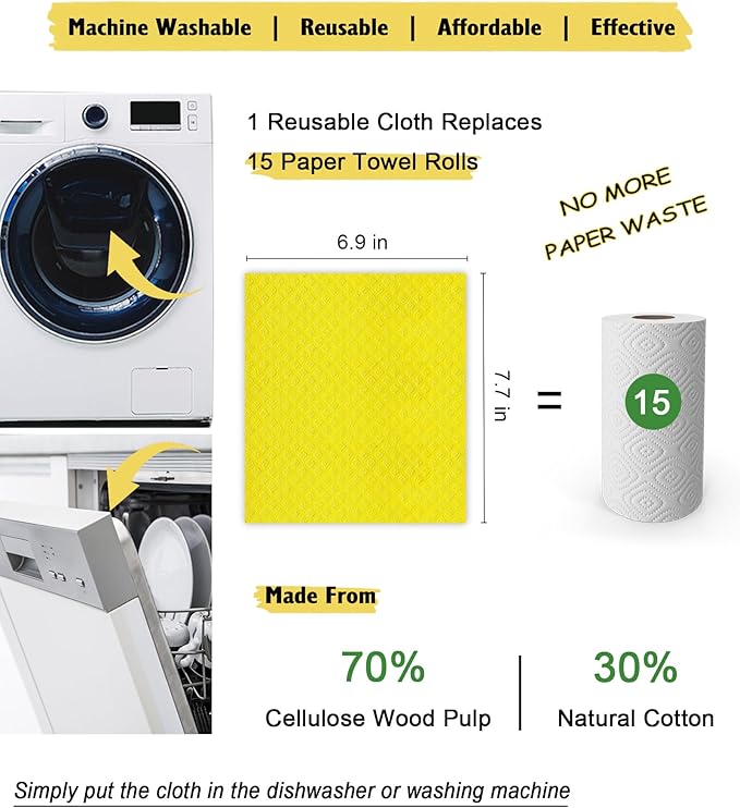MoLKENE Swedish Dishcloths for Kitchen | 10 Pack Absorbent Cellulose Sponge Cloths Washable | Non-Scratch Reusable Paper Towels Quick Drying Cleaning Rag - Yellow