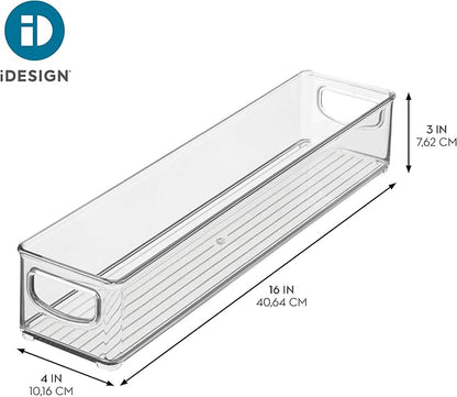 iDesign Slim Clear Plastic Storage Bin, Extra Long Narrow Stackable Organizer for Kitchen and Pantry, 4-Pack