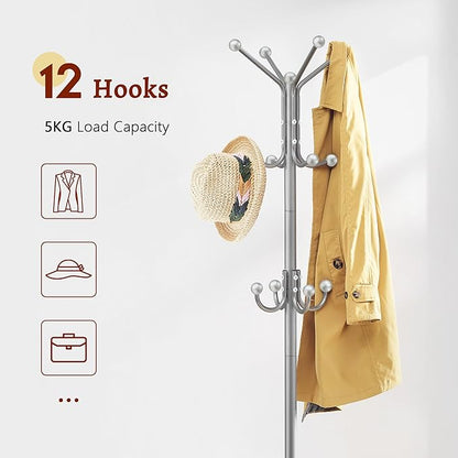 FAVOOSTY Coat Rack Freestanding,Coat Rack Stand with Umbrella Holder,Metal Coat Tree with 12 Hooks,Tree Clothes Hat for Entryway, Hallway, Bedroom, Living Room & Office - Silver Grey