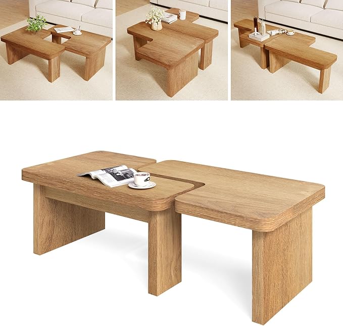 Farmhouse Coffee Table, 53-Inch Accent Center Table with Thicken Base, Multiple Layouts,Switch Between Square and Rectangular Table (Rustic Brown)