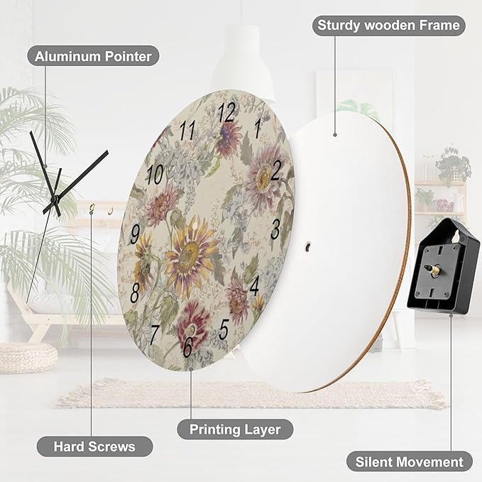 Retro Floral Wall Clock, William Morris Style Vintage Sunflower Garden Plants Herbs Flowers Round Clocks Wall Decor Silent No Ticking 12 Inch Wooden Clock for Bedroom Living Room Home Office