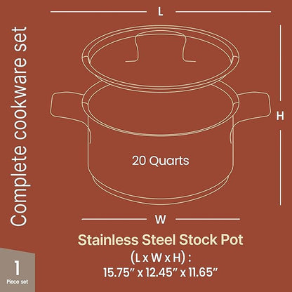 Stainless Steel Stockpot with Lid 20 Quart, Durable 18/8 Stainless Steel, Impact-Bonded Base for Even Heating, Riveted Handles, Oven & All Stove Compatible, Safe Up To 500°F (260°C)