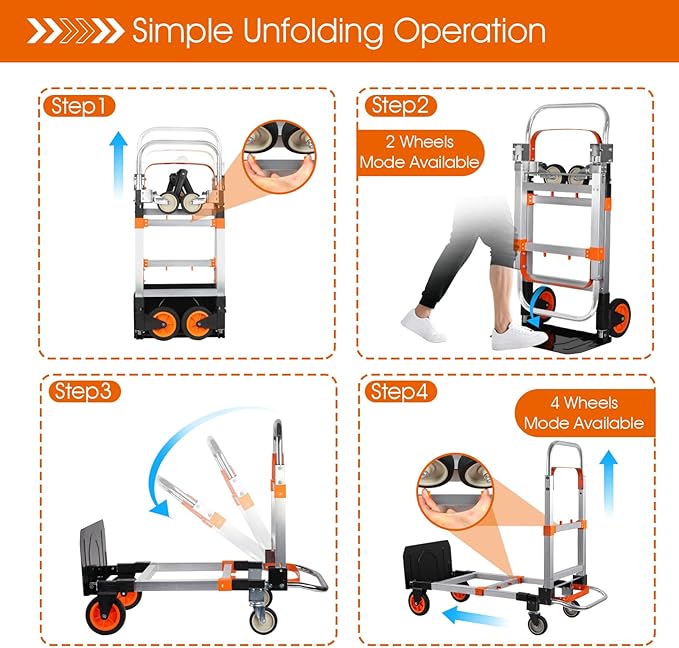 Zolpoyia 3 in 1 Folding Hand Truck Dolly Cart with Wheels, 660lbs Capacity Foldable Utility Cart Aluminum Trolley Cart Convertible Dolly for Moving Furniture Shopping for Garden Home Office Warehouse