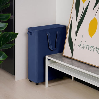 Vincona Slim Laundry Hamper with Lid and Wheels, Small Rolling Laundry Basket with Handle for Small Spaces, Tall Dirty Clothes Hampers for Dorm, Bathroom and Bedroom, 75L, Blue