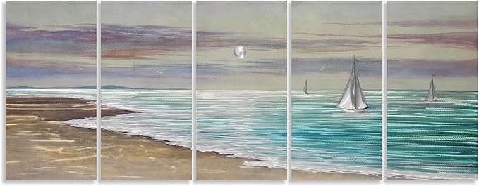 YHSKY ARTS Beach Theme Metal Wall Art - 5 Panels Aluminum Sea Waves Sculpture