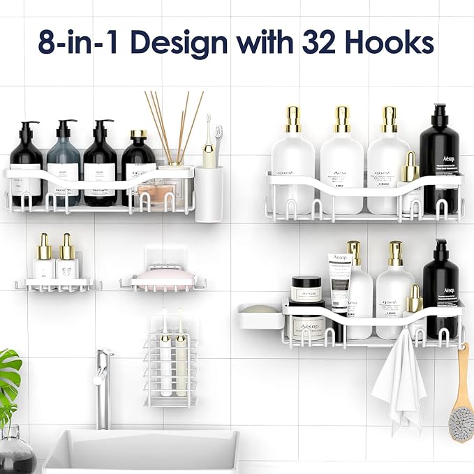 NESOMI Shower Caddy Adhesive Shower Organizer 8-Pack, Rustproof Stainless Steel Bathroom Shelves, Large Capacity No-Drill Rack Storage Accessories with Soap Dish Toothbrush Holder Hooks