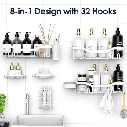 NESOMI Shower Caddy Adhesive Shower Organizer 8-Pack, Rustproof Stainless Steel Bathroom Shelves, Large Capacity No-Drill Rack Storage Accessories with Soap Dish Toothbrush Holder Hooks