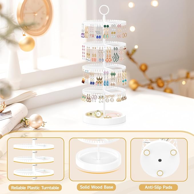 MODOWEY 4 Tier Rotating Earring Holder Organizer Display Tree with Wooden Tray, Adjustable Plastic Stand with 228 Slots for Stud Hoop Hanger, Large Capacity Storage Rack for Women Space Saving, White