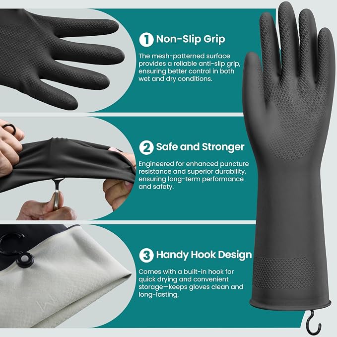 4 Pairs Rubber Dishwashing Gloves with Hanging Hooks - Reusable Cleaning Gloves for Kitchen & Household, Non-Slip, Durable and Flexible (Large, 4 Colors: Black, Pink, Blue, Purple)
