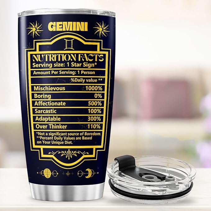 Gemini Zodiac Gift 20oz Stainless Steel Insulated Tumbler, Astrology Constellation Cup with Funny Nutrition Facts, Horoscope Themed Travel Mug for Women Men