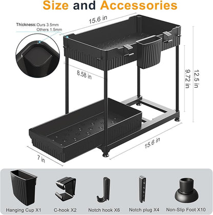 Sevenblue 2 Packs Under Sink Organizer, Height Adjustable 2 Tier Under Kitchen Sink Organizer, Multi-Purpose Storage Shelf for Kitchen Bathroom Cabinet, Deep-Black,12.85 Inches
