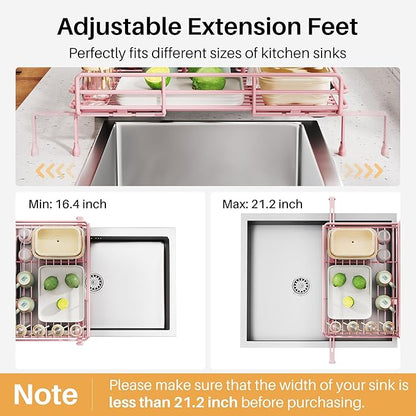 SNTD Dish Drying Rack - Extendable Dish Rack, Large Sink Drying Dish Drainer for Kitchen Counter, Stainless Steel Dish Strainer with Utensil Holder (Pink)