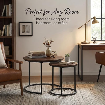 Round Nesting Coffee Table Set of 2, Modern Marble Pattern Wooden Nesting Tables, Stacking Minimalist End Table for Living Room Bedroom Small Space, (Black Leg+Brown top)
