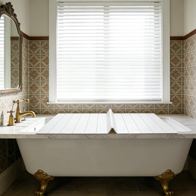 White Wood Grain Foldable Bathtub Cover, PVC Waterproof Dustproof Bath Tub Lid, Heat Preservation Bathroom Tub Tray for Home Hotel Spa (59.06×27.56×0.26in)