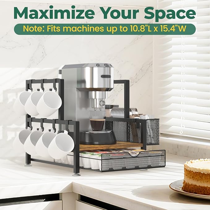 EsLuker.ly Coffee Bar Station Organizer with K Cup Drawer, Pod Holder Storage Rack with 7 Mug Hooks for Countertop, Wooden Coffee Machine Maker Stand for Home Office, Space-Saving for Coffee Lovers