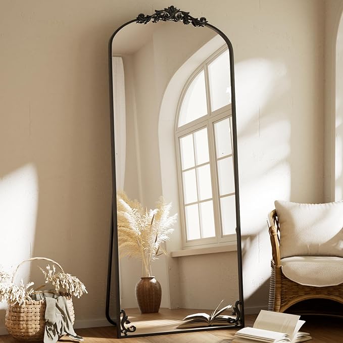 BEAUTYPEAK 65"x24" Arch Mirror Full Length, Traditional Vintage Ornate Baroque Mirror with Bottom Corner Pattern, Hanging or Leaning for Entryway/Bathroom/Fireplace/Bathroom, Black