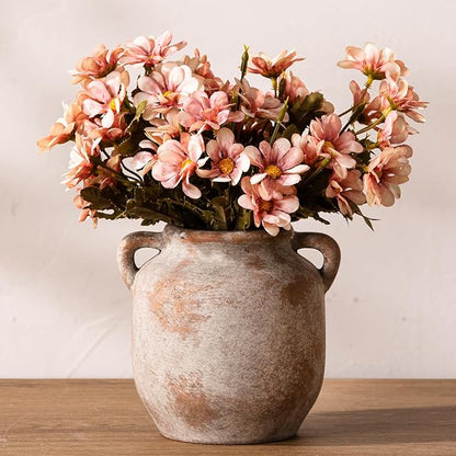 Ceramic Flower Vase Home Decor - Farmhouse Rustic Table Vases with Handle Living Room Decoration Decorative Vintage Pottery for Kitchen Shelf Coffee Dining Bookshelf Fireplace Centerpiece (6" Retro)