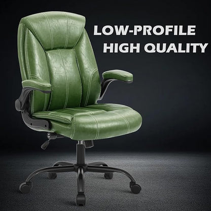 YAMASORO Executive Office Chair,Big and Tall Ergonomic Desk Chair with Adjustable Lumbar Support,Breathable PU Leather Computer Chair wih Flip-up Arms and Wheels,Green