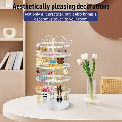 5 Tier 360 Rotating Earring Holder Organizer Stand, Jewelry Tree Rack, 220 Holes Display Storage for Stud Hoop Earrings, Vintage Metal Design, Space Saving Table Decor