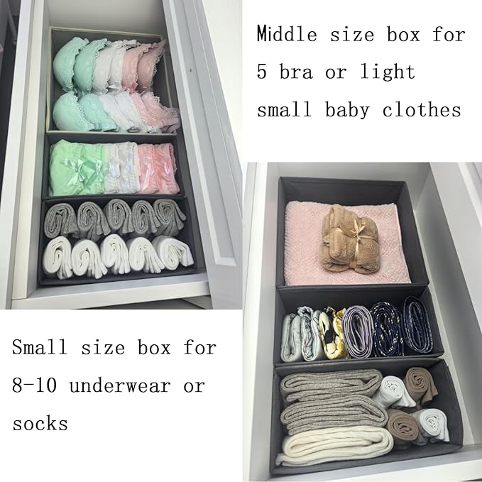 Bructhun Drawer Organizer Set of - Fabric Storage Bins for Clothes, Underwear, Socks & Bras - 11" Dresser Dividers for Bedroom Closet (Light Grey, 1L+3S)