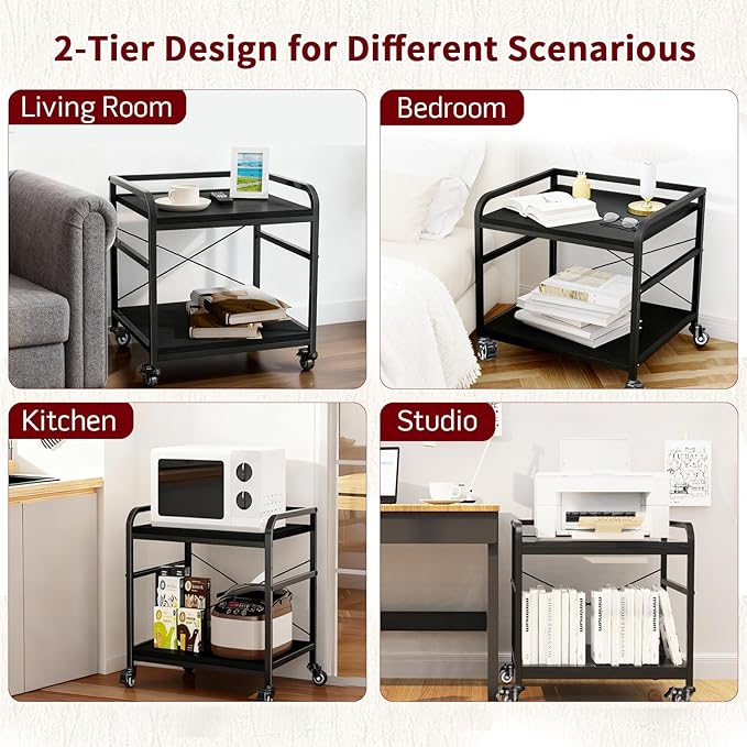 TFK 2 Tier Large Printer Stand with Storage, 20 x 20 Inches Under Desk Printer Table with Adjustable Shelf, Rolling Printers Cart with Wheels for Home Office, Fits Fax /3D Printer/Scanner, Black