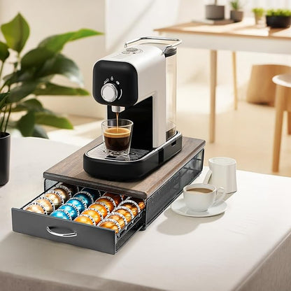 HiveNets for Vertuo Coffee Capsule Storage Drawer Compatible with Nespresso Vertuoline Pods Holder Metal and Wood Top Organizer (can hold 40 Pods)
