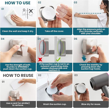 TAILI 304 Stainless Steel Bathroom Suction Hooks for Towel, Bathrobe, Loofah, Patented Strong Suction Cup Holder, No Damage Hanging Glass Shower Wall Hook, Hold Up to 11 Lbs, 2 Pack, Silver