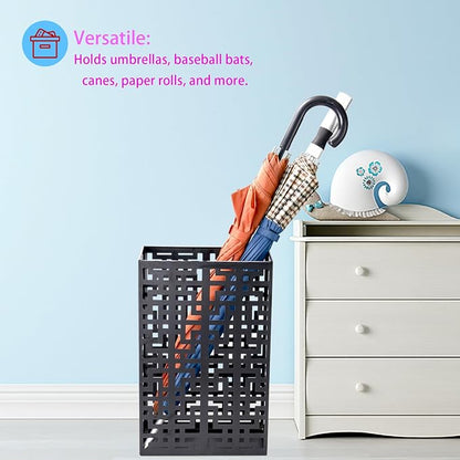 BEWBBAT Umbrella Stand Rack for Entryway, Hollow Metal Holder, FreeStanding Storage Bin for Long Umbrellas, Holds 6-7, Black