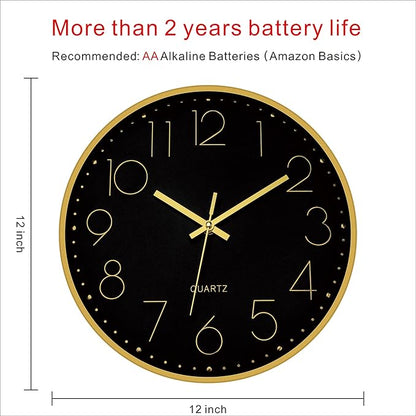 Foxtop Black Gold Wall Clock 12 Inch Silent Non-Ticking Battery Operated Round Quartz Modern Wall Clock for Living Room Kitchen Bedroom Home Office School Decor