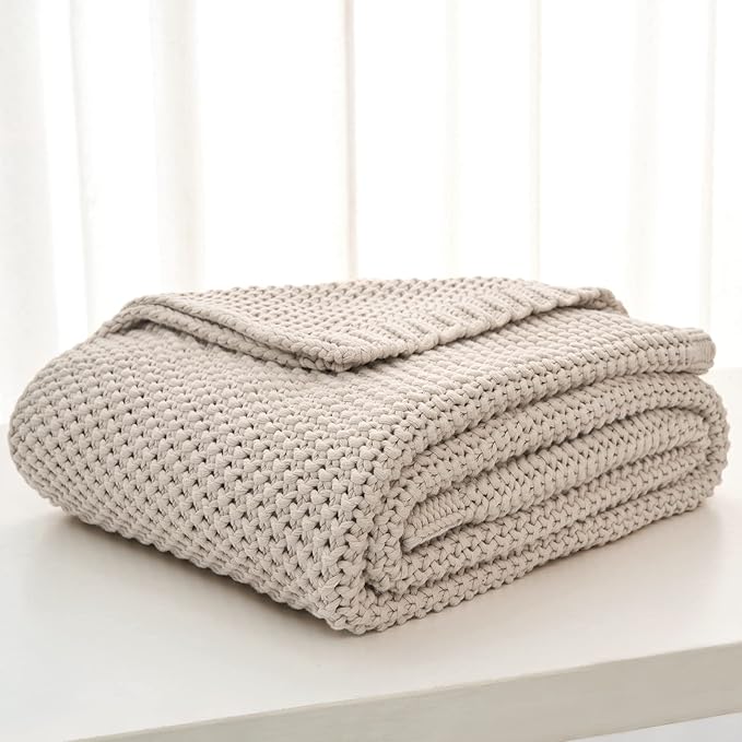Longhui bedding Chunky Cable Knit Throw Blanket Lightweight Beige 100% Organic Cotton Blanket for Sofa Couch Bed Baby Nursery, Rustic Shabby Chic Modern Farmhouse, 60” x 80”