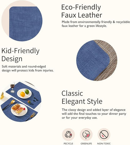 Maxpearl Faux Leather Placemats Set of 6 - Waterproof - Wipe Clean - Heat Resistant - Anti Slip Dining Table Place Mats, Suitable for Indoor & Outdoor Use, 17’’×12’’, Navy Blue