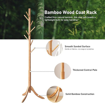 kiplant Coat Rack Freestanding, Bamboo Wood Coat Stand with 8 Hooks,3 Adjustable Size,Easy Assembly NO Tools Required, Coat Tree Hanger Stand for CoatsScarves in Hallway