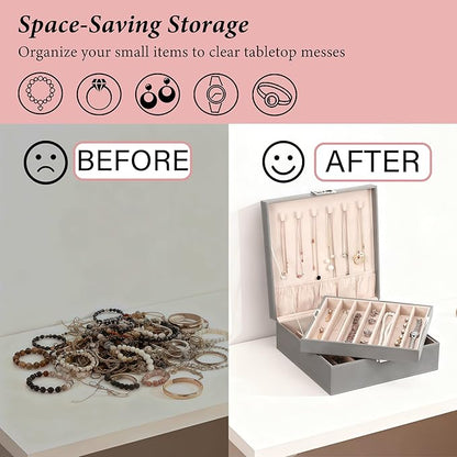 BEWISHOME 2-Layer Necklace Jewelry Box, Modern Style Necklace Storage, PU Leather Jewelry Box for Necklaces, Bracelet, Necklace Case for Women, Girls, Mom (Grey SSH31H)