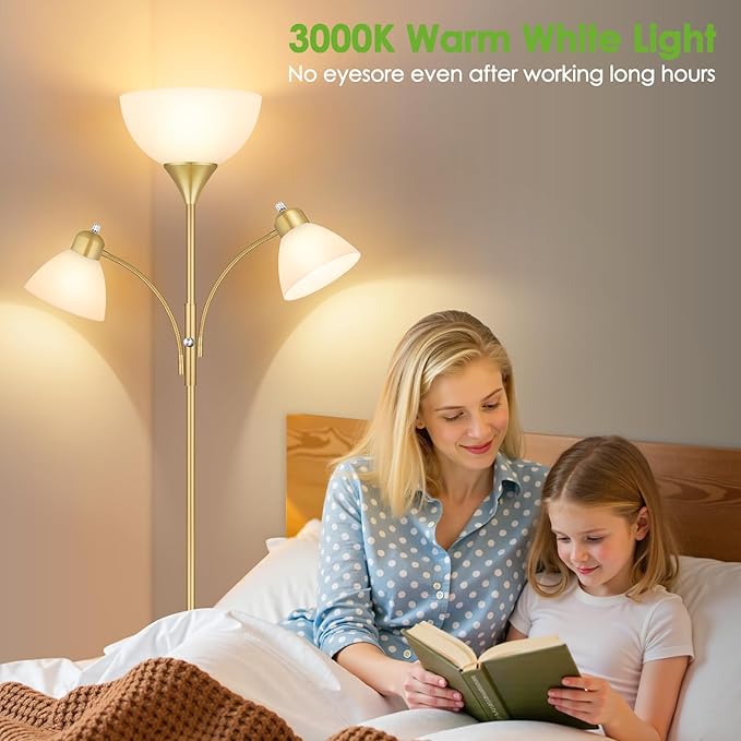 Floor Lamp for Living Room,72" Dimmable Torchiere Lamp with 2 Reading Lights for Bedroom, Gold Tall Standing Room Lamp, 3 Bulbs Included
