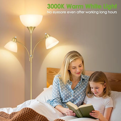Floor Lamp for Living Room,72" Dimmable Torchiere Lamp with 2 Reading Lights for Bedroom, Gold Tall Standing Room Lamp, 3 Bulbs Included