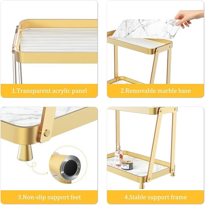 Bathroom Counter Organizer - 2-Tier Acrylic Makeup Organizer Countertop with Marble Tray, Perfume Organizer & Vanity Organizer, Makeup Tray Shelf for Skincare, Cosmetics Display, Gold