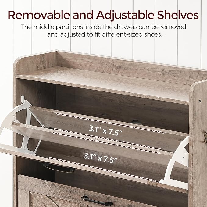MAHANCRIS Shoe Storage Cabinet, Shoe Organizer with 2 Flip Drawers, Hidden Shoe Storage for Entryway, Freestanding Shoe Cabinet Organizer with Open Storages, Greige SHHG9401