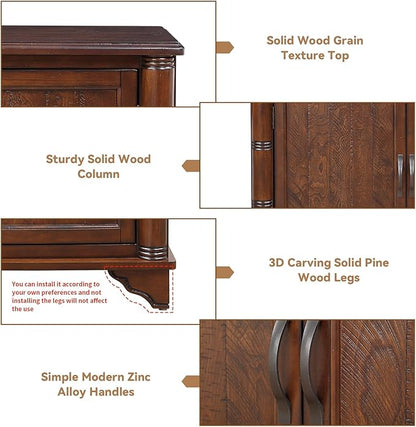 HMFULE 40" Sideboard Cabinet 2-Doors Solid Wood, Retro Buffet Cabinet with Storage Adjustable Shelf, Console Table Accent for Hallway, Living Room, Dining Room, Kitchen, Entry Way (Brown)