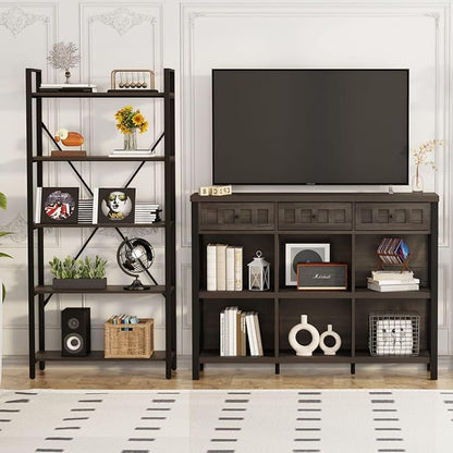FATORRI Rustic 6 Cube Storage Organizer Bookshelf with 3 Drawers, Short Low Horizontal Bookshelf for Living Room, Industrial Wood and Metal Cubby Bookcase for Home Office (Walnut Brown, 47 Inch)