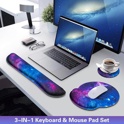 Desk Pad Galaxy, Mouse Pad with Wrist Rest Set, 3-in-1 Wrist Support Mousepad Set, Gaming Mat Pad with Anti-Skid Base,Ergonomic Memory Foam Keyboard Gel Wrist Rest, Office Desk Accessories