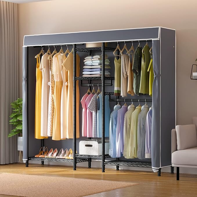 VIPEK Classic V6C Heavy Duty Covered Clothes Rack Portable Wardrobe Closet, 5 Tiers Wire Garment Rack Black Metal Clothing Rack with Grey Oxford Cover, 70.1" L x 17.3" W x 76.4" H, Max Load 870 LBS