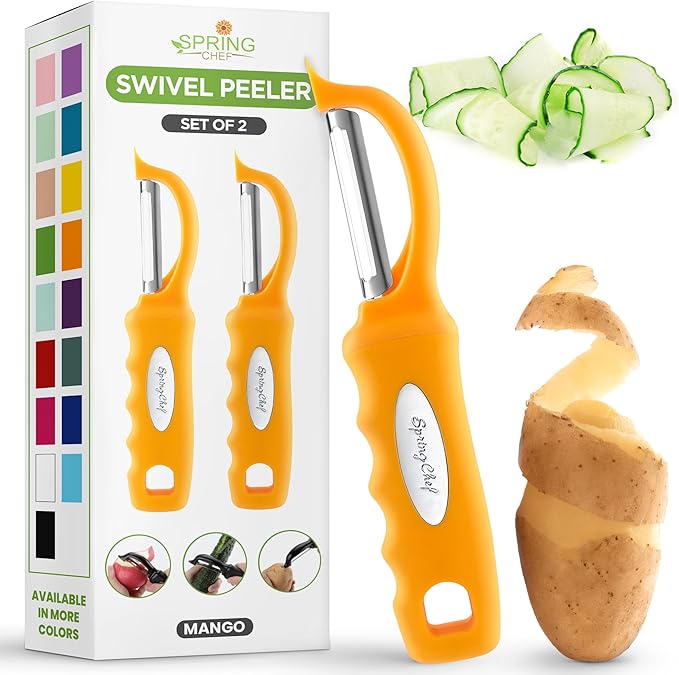 Spring Chef Premium Stainless Steel Swivel Potato Peelers for Kitchen, Metal Vegetable Peelers with Comfortable Handle for Apple, Cucumber, Veggie, Fruit, Carrot, Dishwasher Safe - Set of 2 - Mango