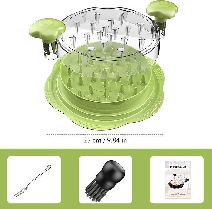 SURETIVIAN Chicken Shredder Tool Twist Large Chicken Breast Shredder with Brush&Fork, Visible Meat Shredder Machine, Anti-Slip Strip, Ergonomic Handle, BPA Free, Suitable for Pork Beef Chicken(Matcha)