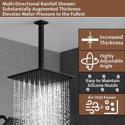 Shower System Matte Black Ceiling Mount Shower Faucet Set with 10 Inch Shower Head, Push Button Diverter Shower Fixtures with 3 in 1 Handheld,6 Inch Shower Head【All Functions Simultaneous Use】