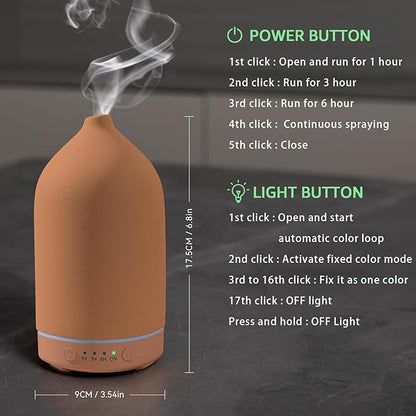 200ML Ceramic Essential Oil Diffuser - Ultrasonic Aromatherapy & Humidifier with 7-Color LED Lights, Auto Shut-Off, Brown, 1H/3H/6H Timer | Scent for Home,Office,Yoga