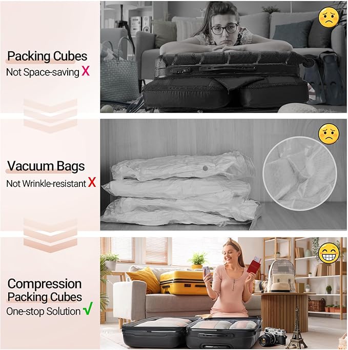 OlarHike 8 Set Compression Packing Cubes for Travel Gifts Mom Women,Airplane/Cruise/Car Travel Essentials,Compressible Expandable Saver Space Bags,Luggage Clothes Garment Bags for Travelers(Beige)
