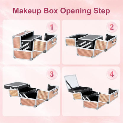 Makeup Train Case, Large Makeup Case with Mirror and Lock, Portable Makeup Box Organizer, 2 Trays Make Up Storage for Travel, Vanity, Cosmetics, Rose Gold