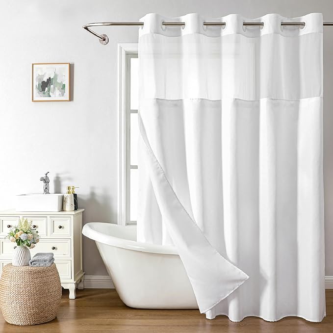 No Hooks Needed Linen Textured Shower Curtain with Snap-in Fabric Liner Set,White Hotel Luxury Decor Shower Curtains for Bathroom with Mesh Top Window,Waterproof & Washable,71Wx74H